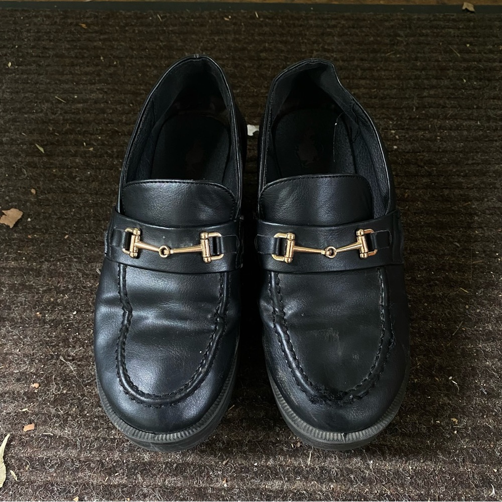 Cute Black Heeled Mules with Gold Toe Belt